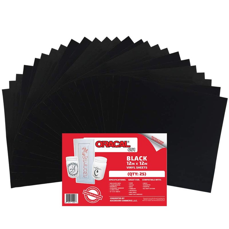 ORACAL (50) 12" x 12" Sheets - Oracal 651 Black Adhesive Craft Vinyl for Cricut, Silhouette, Cameo, Craft Cutters, Printers, and Decals - Gloss Finish - Outdoor and Permanent - Image 1